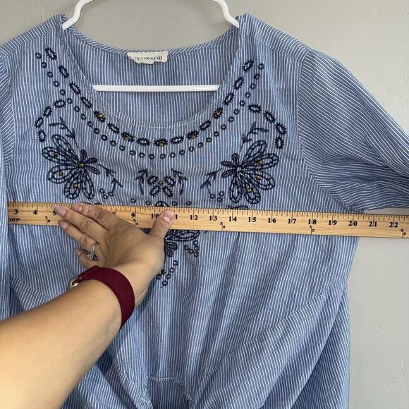 Sky and Sand Womens Tie Front Tunic Blouse Size M 3/4 Sleeve Embroidered Blue - Picture 4 of 7
